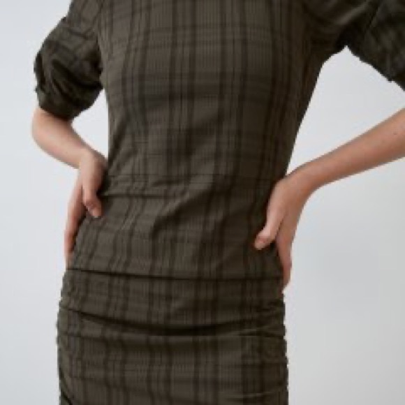Zara- Plaid Olive Green Ruched Dress (new without tags) - Picture 3 of 6